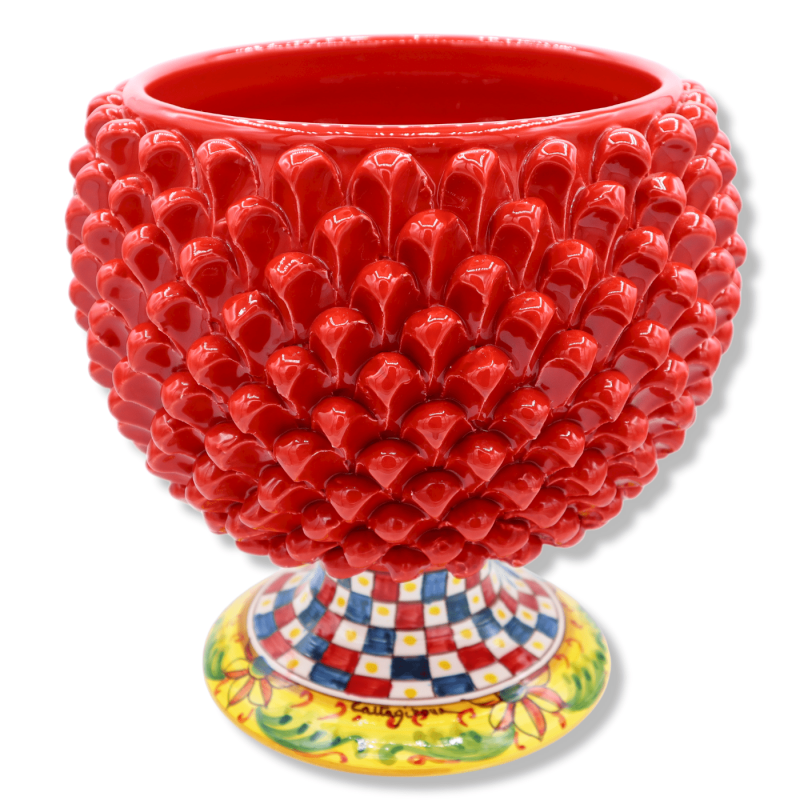Caltagirone Half Pigna Vase, rot, mit 4 Größenoptionen (1 Stück), Stiel mit sizilianischer Karrendekoration - 