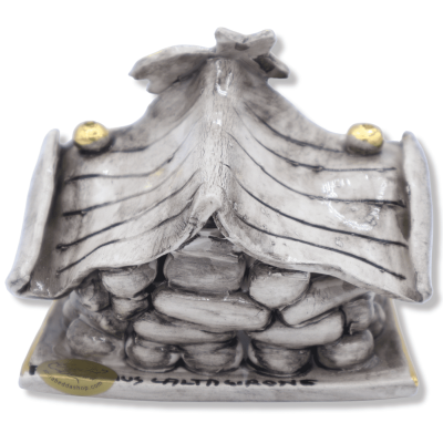 Belén de cerámica Caltagirone blanco envejecido con detalles de esmalte oro puro de 24k de 10 cm de ancho - Mod. AK - 