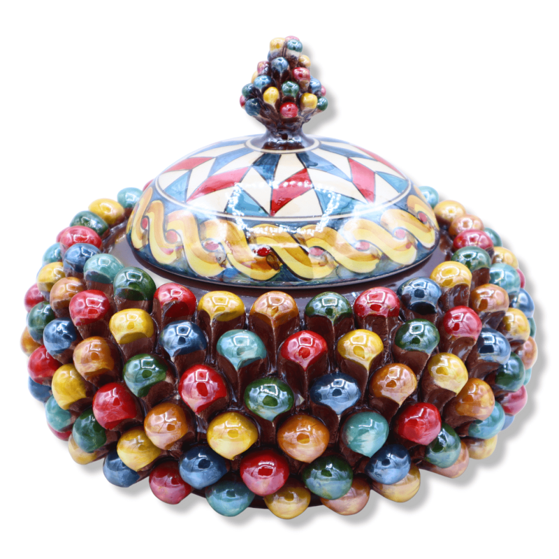 Cookie jar or pine cone jewelery box in Caltagirone ceramic, multicolored and with mother-of-pearl enamel, in various si