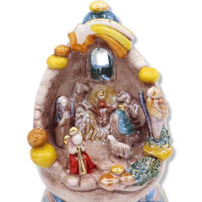Presépio em cerâmica Caltagirone fina em ovo, decorações em ouro puro 24k e esmalte madrepérola, cerca de 14 cm de altur