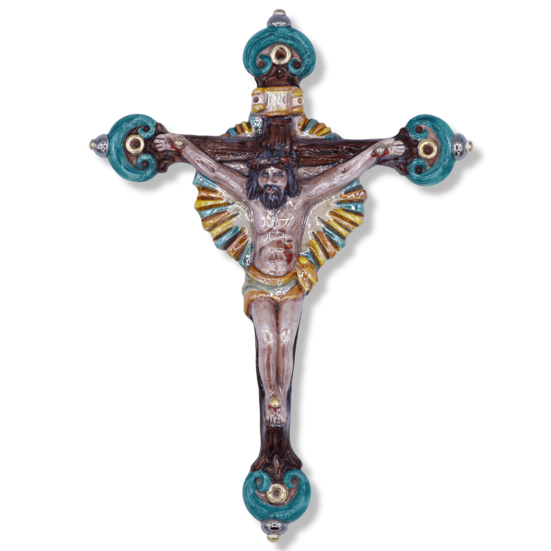 Ceramische crucifix van Caltagirone, klaar met 24.000 gouden en platina en moeder van parel, 35 cm approx. Mod NF - 