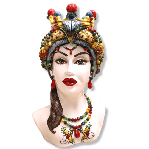 Paire de bustes en céramique de Caltagirone à couronne et décor XVIIème siècle, environ h 50 cm. Mod CN -  2