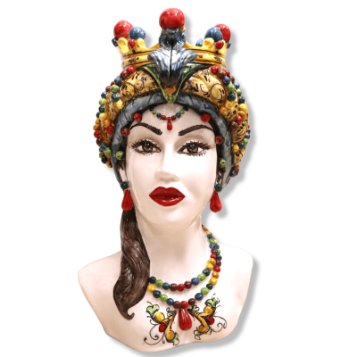 Pair of Caltagirone ceramic busts with crown and 17th century decoration, approx. h 50 cm. CN mod - 
