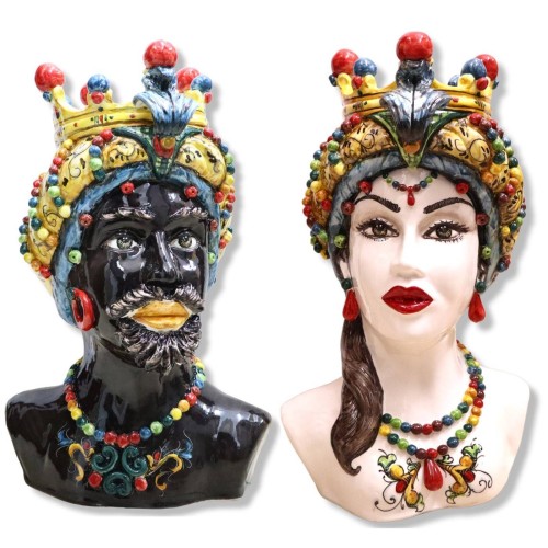 Paar keramische arrestaties van Caltagirone met Corona en decoratie '600, h50 cm approx. CN