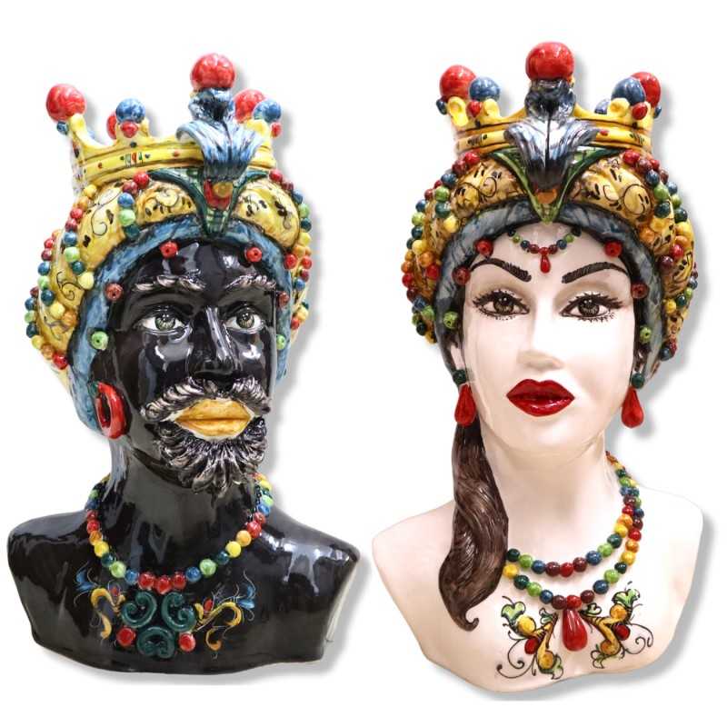 Coppia di busti in ceramica di Caltagirone con Corona e decoro '600, h 50 cm ca. Mod CN - 