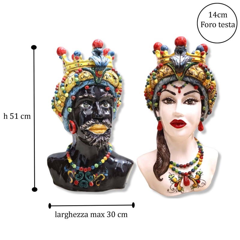 Par av keramiska byster av Caltagirone med Corona och dekoration '600, h 50 cm ca. CN - 