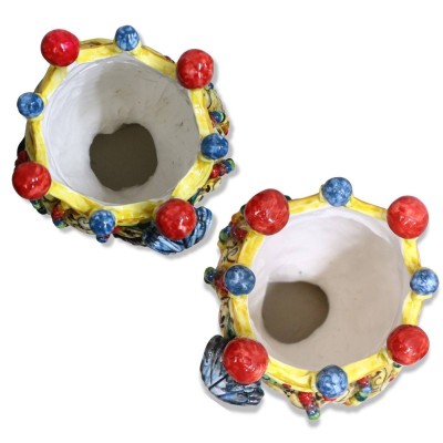Pair of Caltagirone ceramic busts with crown and 17th century decoration, approx. h 50 cm. CN mod - 