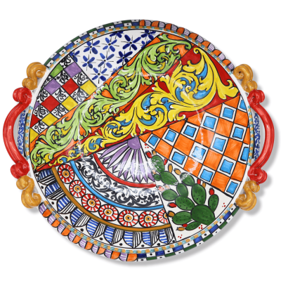 Centro de mesa de cerámica Caltagirone, decoración motivo carro siciliano, Ø 40 cm aprox. Mod AK - 