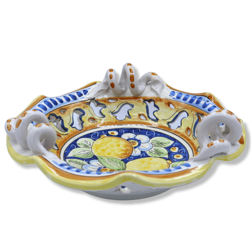 Centrotavola smerlato e traforato, ceramica Caltagirone, manico serpentina, 2 opzioni misura (1Unità) decoro limoni e fi 2