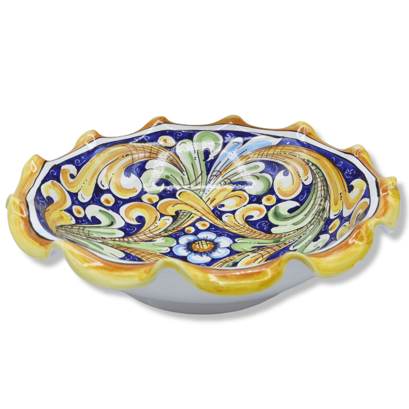 Centrotavola ceramica Caltagirone, smerlato e decorato con motivo barocco su fondo blu, Ø 35 cm ca. Mod BR - 