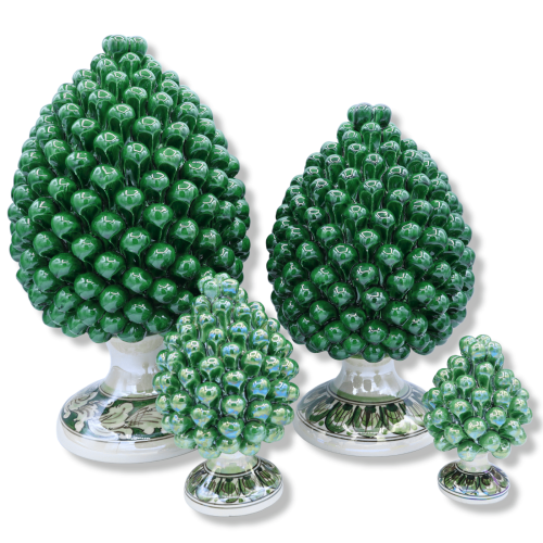 Piña de pino en cerámica Caltagirone color Verde Bosque con esmalte Nácar - en Varios tamaños (1 Ud.) Mod. NF - 