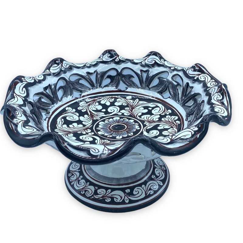 Alzata fruttiera centrotavola smerlata traforata, ceramica Caltagirone, 3 opzioni misura (1pz) decoro barocco, fondo ner