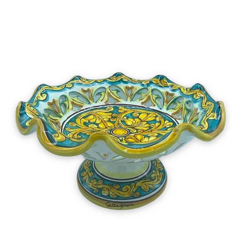 Scalloped and perforated Caltagirone ceramic cake stand, baroque decoration on a green background - Ø 30 cm approx. Mod 