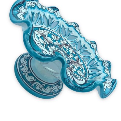 Scalloped and perforated Caltagirone ceramic cake stand, baroque decoration on a verdigris background - Ø 30 cm approx. 
