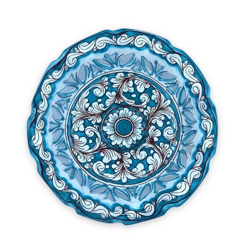Base para tartas de cerámica Caltagirone festoneada y perforada, decoración barroca sobre fondo cardenillo - Ø 30 cm apr 2
