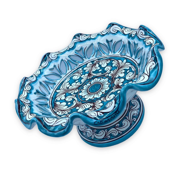 Scalloped and perforated Caltagirone ceramic cake stand, baroque decoration on a verdigris background - Ø 30 cm approx. 