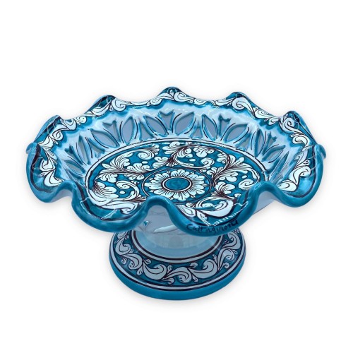 Base para tartas de cerámica Caltagirone festoneada y perforada, decoración barroca sobre fondo cardenillo - Ø 30 cm apr