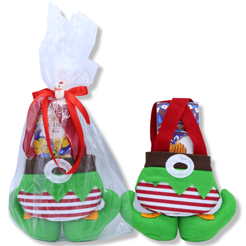 Elfe mit Weihnachtspaket, Plüsch-Geschenkhalter mit 100 % handgefertigtem Mandelgebäck - 