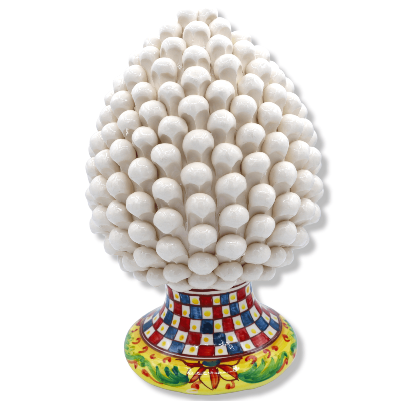 Sicilian pine cone in white Caltagirone ceramic, stem with Sicilian cart decoration, h 30 cm approx. Mod. TD - 