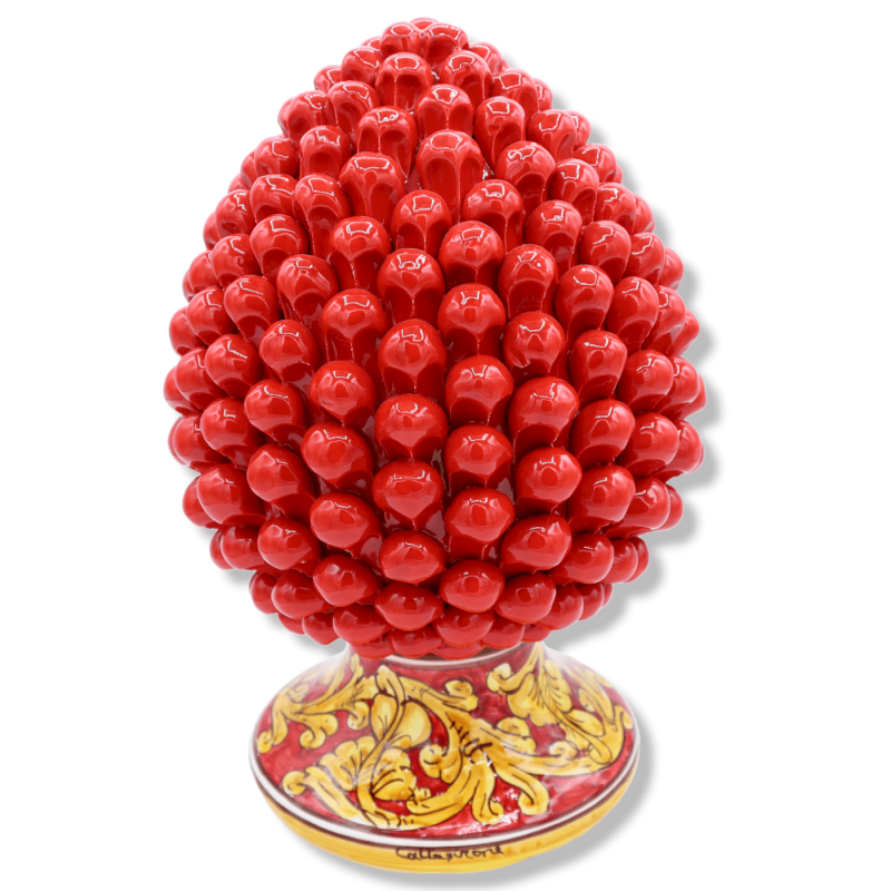 Sicilian pine cone in red Caltagirone ceramic, stem with baroque decoration, h 30/32 cm approx. Mod. TD - 