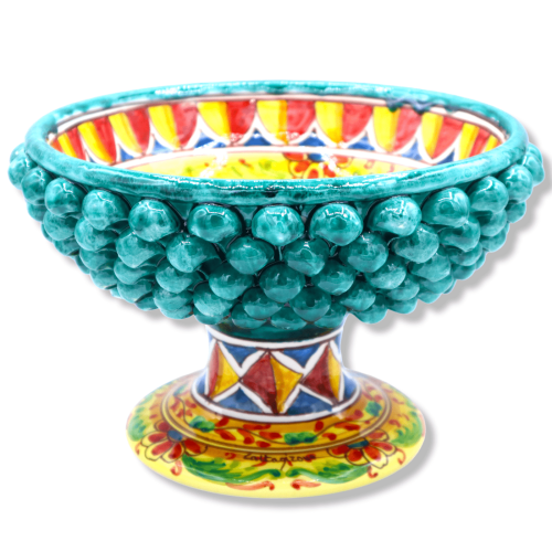 Pigna stand in verdigris Caltagirone ceramic, 17th century decoration and Sicilian cart, Ø 27 cm, h 17 cm approx. Mod TD