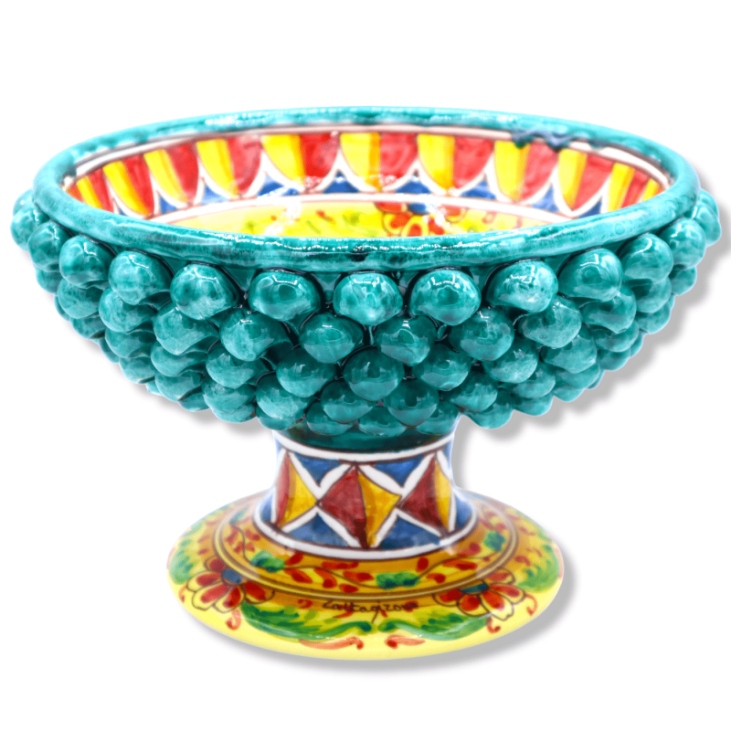 Support Pigna en céramique Caltagirone vert-de-gris, décor XVIIème siècle et charrette sicilienne, Ø 27 cm, h environ 17