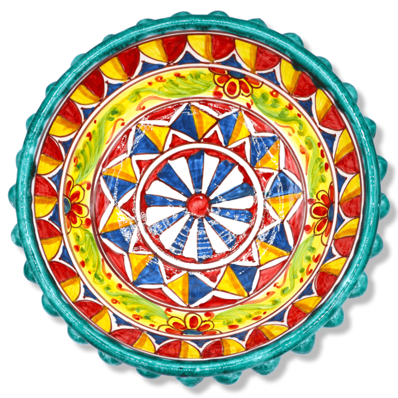 Pigna stand em cerâmica Caltagirone verdete, decoração do século XVII e carrinho siciliano, Ø 27 cm, h 17 cm aprox. Mod 