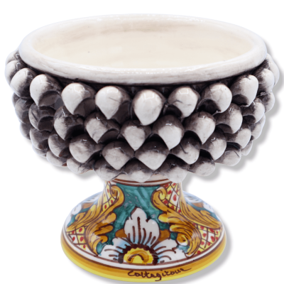 Vaso Mezza Pigna Caltagirone, Bianco Anticato con 4 opzioni misura (1Unità) gambo decoro barocco, fiore e merletto - 