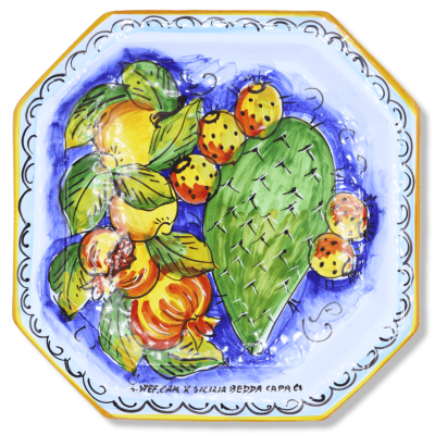 Octagonal platta i siciliansk keramik, tillgänglig i två dekorationer, h 32 x 32 cm ca. Mod GR - 