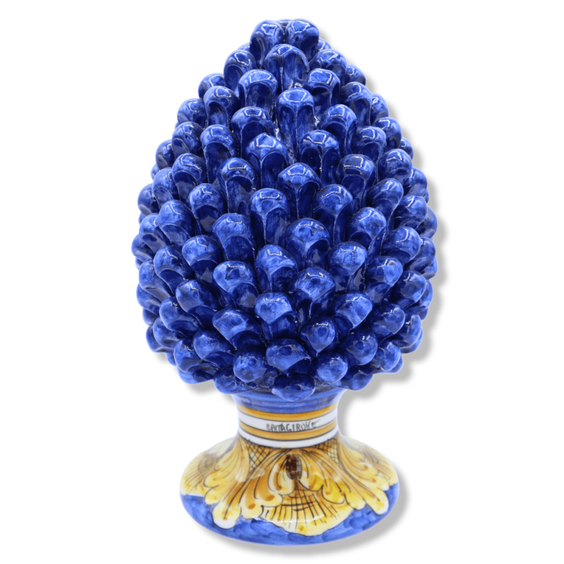 Piña de pino siciliano en cerámica Caltagirone Azul con base de decoración barroca, h 25 cm aprox. modelo FL - 