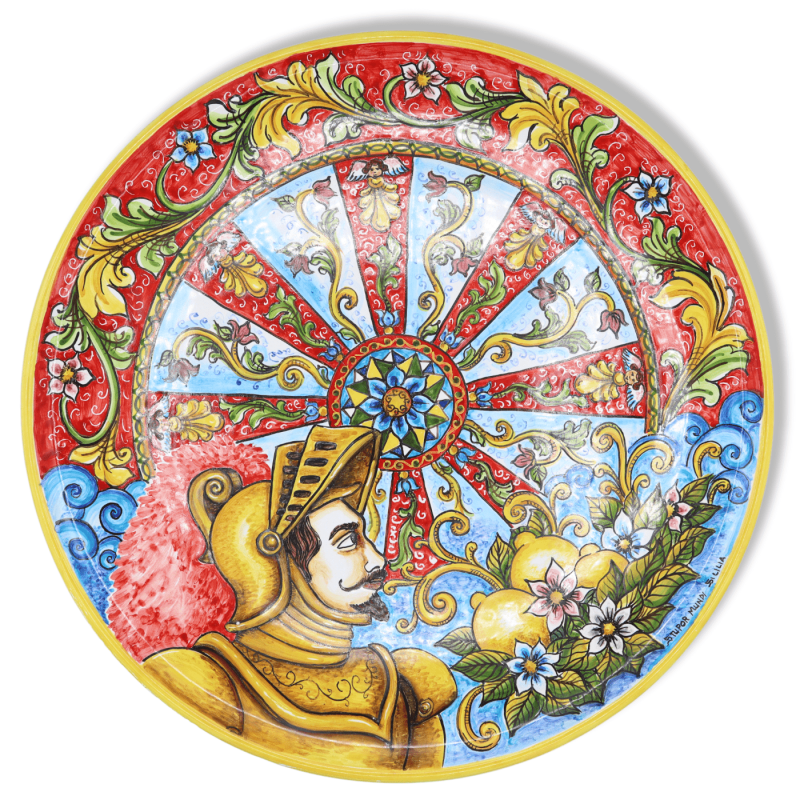 Large Ornamental Plate in precious ceramic with Paladin decoration in Baroque style and Sicilian cart wheel, Ø 45cm appr