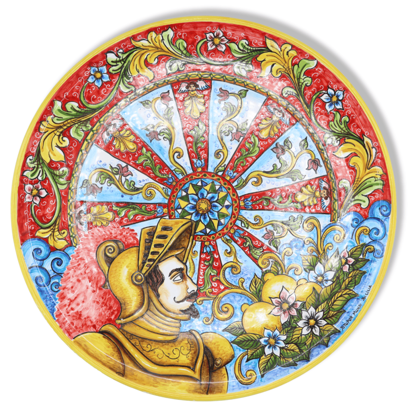 Ornamentalna ceramiczna tablica Caltagirone, dekoracja Paladino w stylu barokowym i sycylijskim kołem, Ø 45cm approx. Mo
