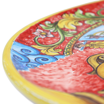 Grande Prato Ornamental em cerâmica preciosa com decoração Paladino em estilo barroco e roda de carroça siciliana, Ø 45c
