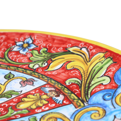 Plato Ornamental Grande en cerámica preciosa con decoración Paladín de estilo Barroco y rueda de carreta siciliana, Ø 45