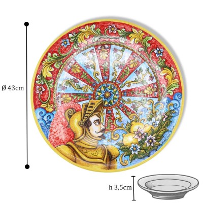Grande Prato Ornamental em cerâmica preciosa com decoração Paladino em estilo barroco e roda de carroça siciliana, Ø 45c