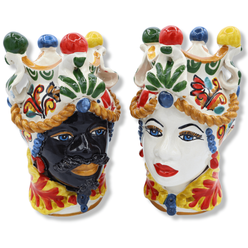 Têtes de lande sicilienne (paire) h environ 20 cm. Céramique de Caltagirone - avec couronne, décoration de charrette sic