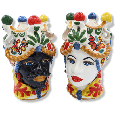Sicilianska morhuvuden (par) h ca 20 cm Caltagirone keramik - med krona, siciliansk vagndekoration - 