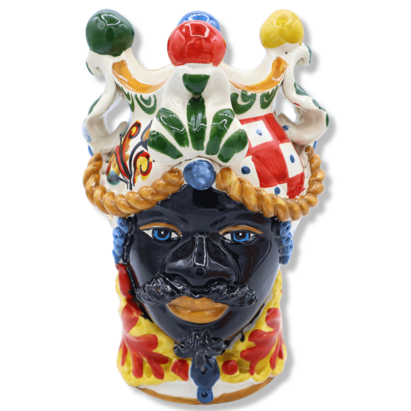 Sicilian Moor heads (pair) h approx. 20 cm Caltagirone ceramic - with Crown, Sicilian Cart decoration - 