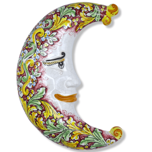Lune en céramique de Caltagirone, émail Craquelé et décor baroque sur fond bordeaux - h 45 cm environ. Mode FL - 