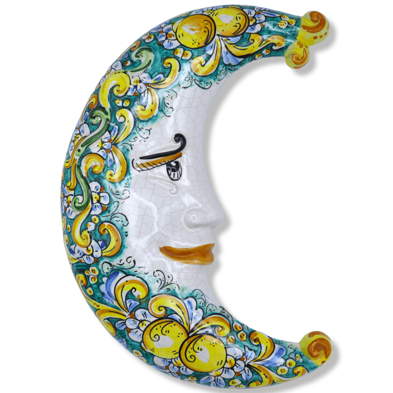 Caltagirone ceramic moon, Craquelé enamel and baroque decoration with lemons on a blue background - h 45 cm approx. FL m