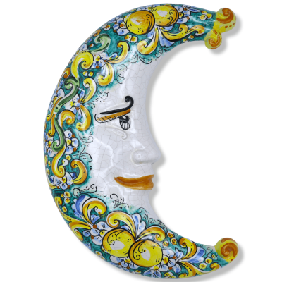 Caltagirone keramische maan, Craquelé en baroque decoratie met citroenen op de blauwe achtergrond - 45 cm approx. _ - 