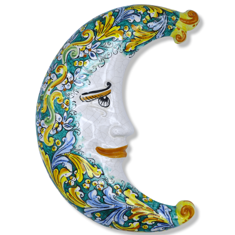 Lua em cerâmica Caltagirone, esmalte Craquelé e decoração barroca sobre fundo verdete - aprox. 45 cm. mod FL - 