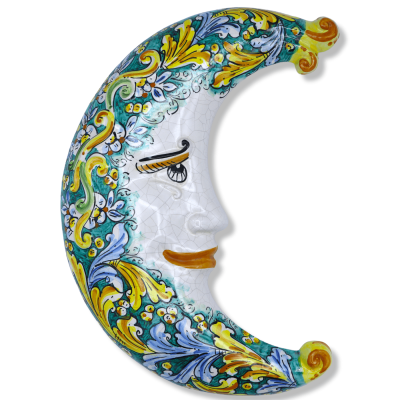 Luna in ceramica di Caltagirone, smalto Craquelé e decoro barocco su fondo verderame - h 45 cm ca. Mod FL - 