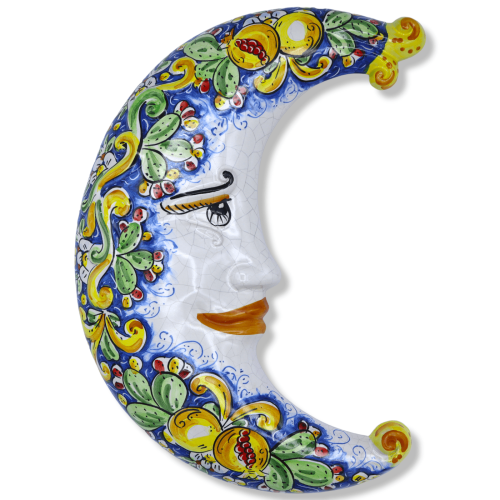 Caltagirone keramisk måne, Craquelé emalj och barock dekoration på blå bakgrund och blandad frukt - h 45 cm ungefär. FL 
