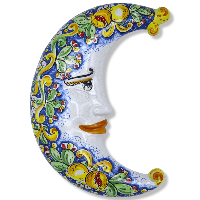 Caltagirone keramische maan, Craquelé en Baroque decoratie op de blauwe achtergrond en gemengde fruit - 45 cm approx. _ 