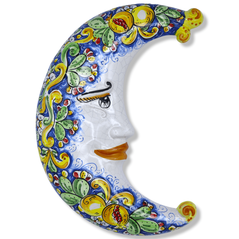 Lua em cerâmica Caltagirone, esmalte Craquelé e decoração barroca sobre fundo azul e mix de frutas - a 45 cm aprox. mod 