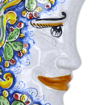 Luna in ceramica di Caltagirone, smalto Craquelé e decoro barocco su fondo blu e frutta mista - h 45 cm ca. Mod FL - 