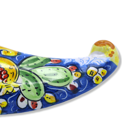 Caltagirone keramische maan, Craquelé en Baroque decoratie op de blauwe achtergrond en gemengde fruit - 45 cm approx. _ 