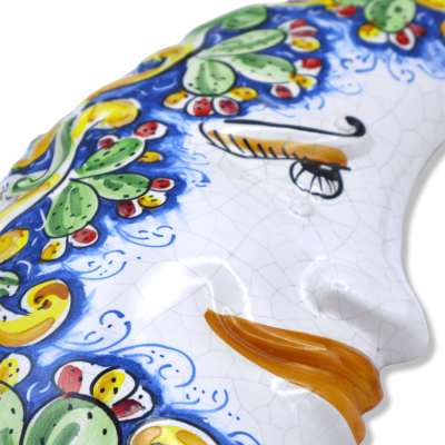 Luna in ceramica di Caltagirone, smalto Craquelé e decoro barocco su fondo blu e frutta mista - h 45 cm ca. Mod FL - 