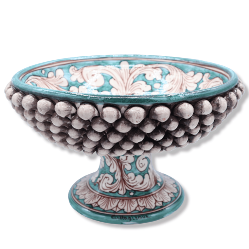 Pigna stand in Caltagirone ceramic, antique white and verdigris, Baroque decoration - Ø 32 cm, h 19 cm approx. Mod TD - 